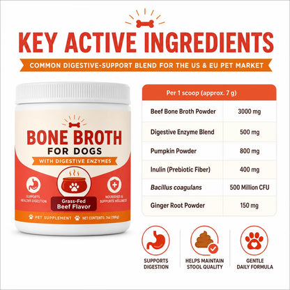 Private Label Dog Bone Broth Powder Grass Fed Beef Flavor Digestive Enzymes Pumpkin Ginger Stool Quality Custom OEM