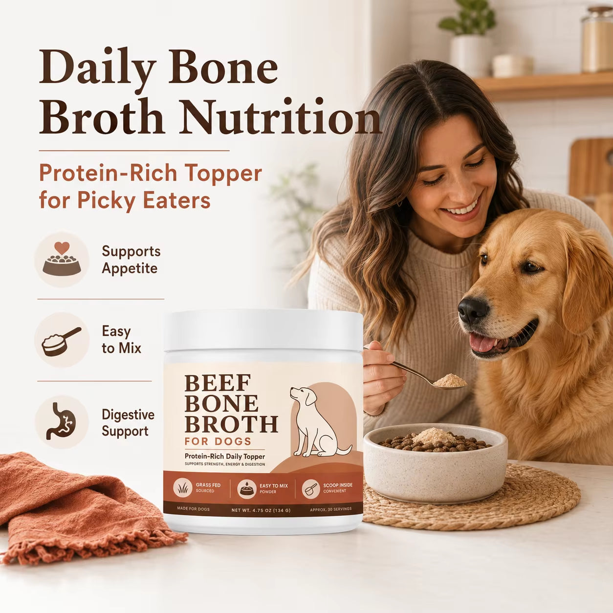 Wholesale Grass Fed Beef Bone Broth for Dogs 70% Protein Hydrolyzed Beef Collagen Powder Pet Joint Support Topper Custom