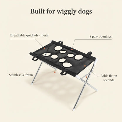 Wash Dock feature callouts — mesh, paw openings, stainless frame
