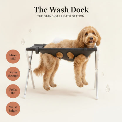 The Wash Dock — dog suspended in the stand with benefit badges