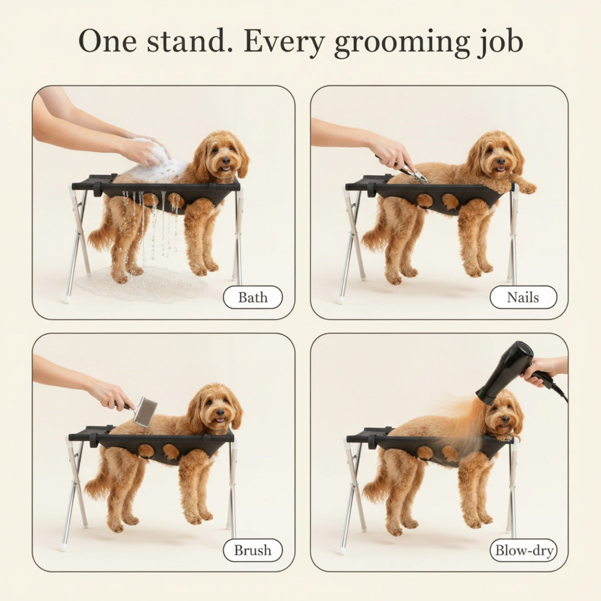 One stand, every grooming job — bath, nails, brush, blow-dry