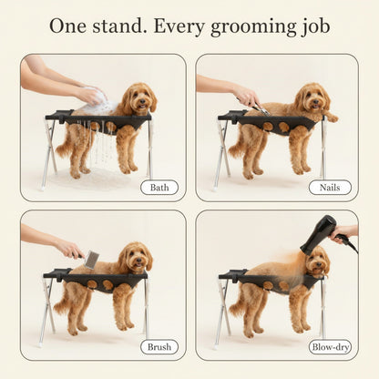 One stand, every grooming job — bath, nails, brush, blow-dry