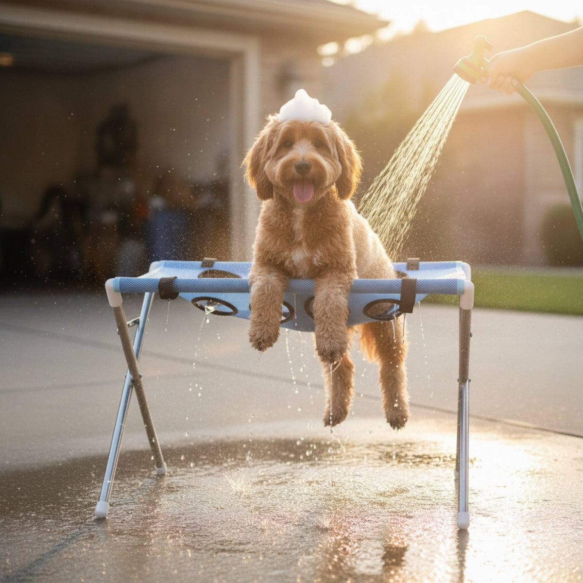 Backyard bath on the Wash Dock — dog with suds mohawk